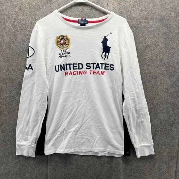 Vintage Ralph Lauren Shirt Youth XL White Crewneck RL Racing USA Flag Embroidery